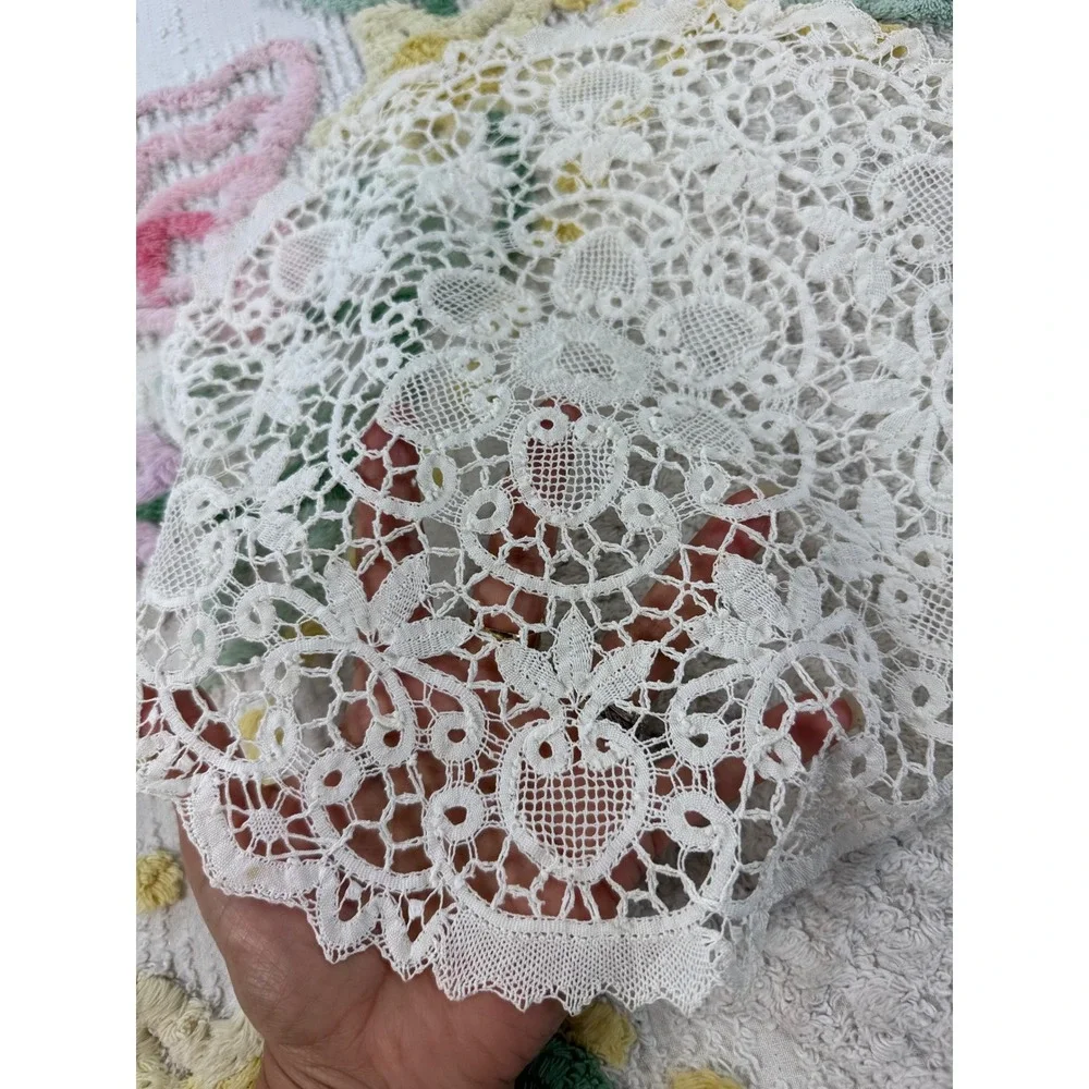 Vintage Lace Doily Set Cream Battenberg Lace & Green Embroidered Organza 2pc